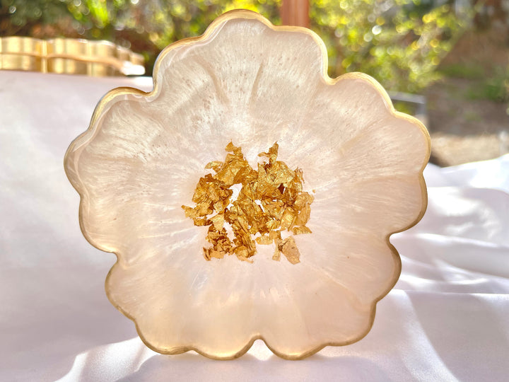 Handmade White Beige Cream and Gold Flower Shaped Coasters  with Gold Accented Rim Edges- Jasmin Renee Art - Three Coasters