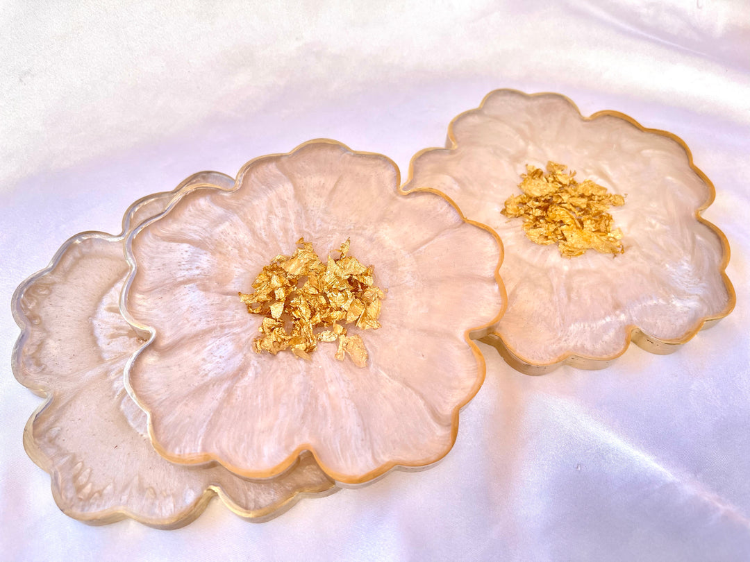 Handmade White Beige Cream and Gold Flower Shaped Coasters  with Gold Accented Rim Edges- Jasmin Renee Art - Three Coasters