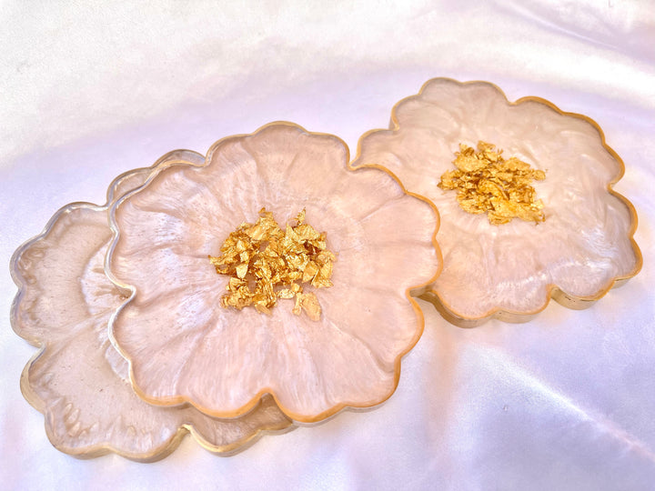 Handmade White Beige Cream and Gold Flower Shaped Coasters  with Gold Accented Rim Edges- Jasmin Renee Art - Three Coasters