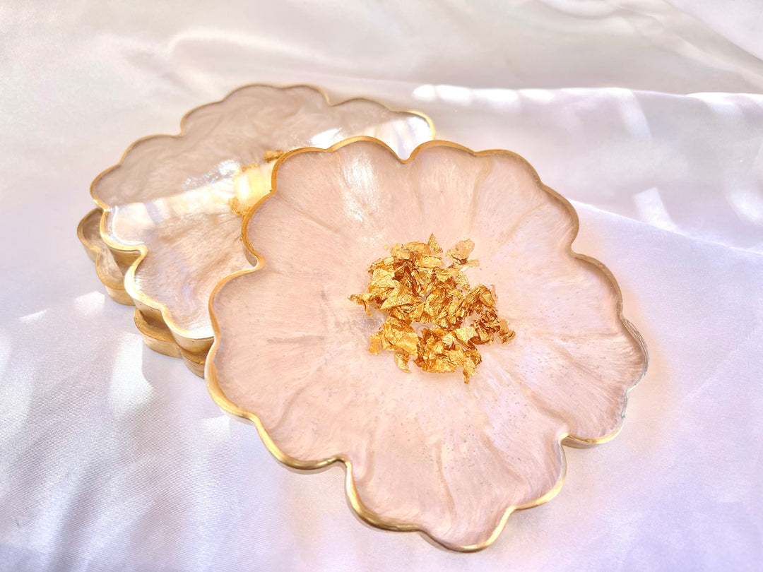 Handmade White Beige Cream and Gold Flower Shaped Coasters  with Gold Accented Rim Edges- Jasmin Renee Art - Three Coasters