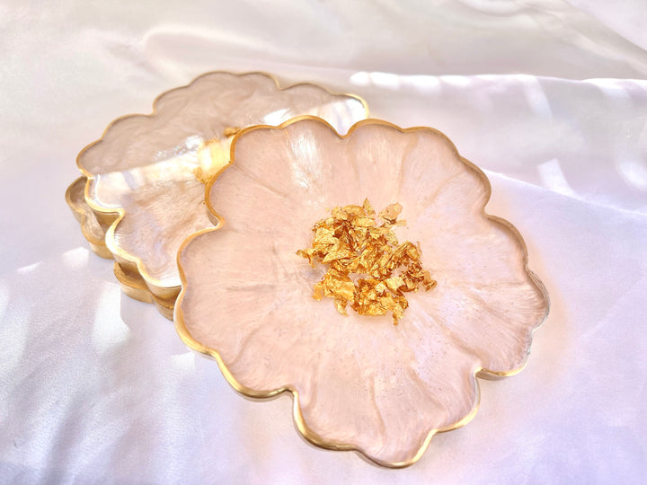Handmade White Beige Cream and Gold Flower Shaped Coasters  with Gold Accented Rim Edges- Jasmin Renee Art - Three Coasters