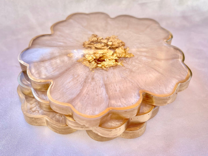 Handmade White Beige Cream and Gold Flower Shaped Coasters  with Gold Accented Rim Edges- Jasmin Renee Art - Three Coasters Stacked