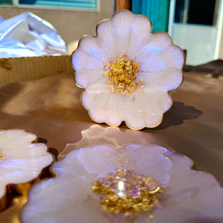 Iridescent Rainbow Moonstone Cabochon Inspired Purple Lavender Opal and Gold Flower Shaped Coasters