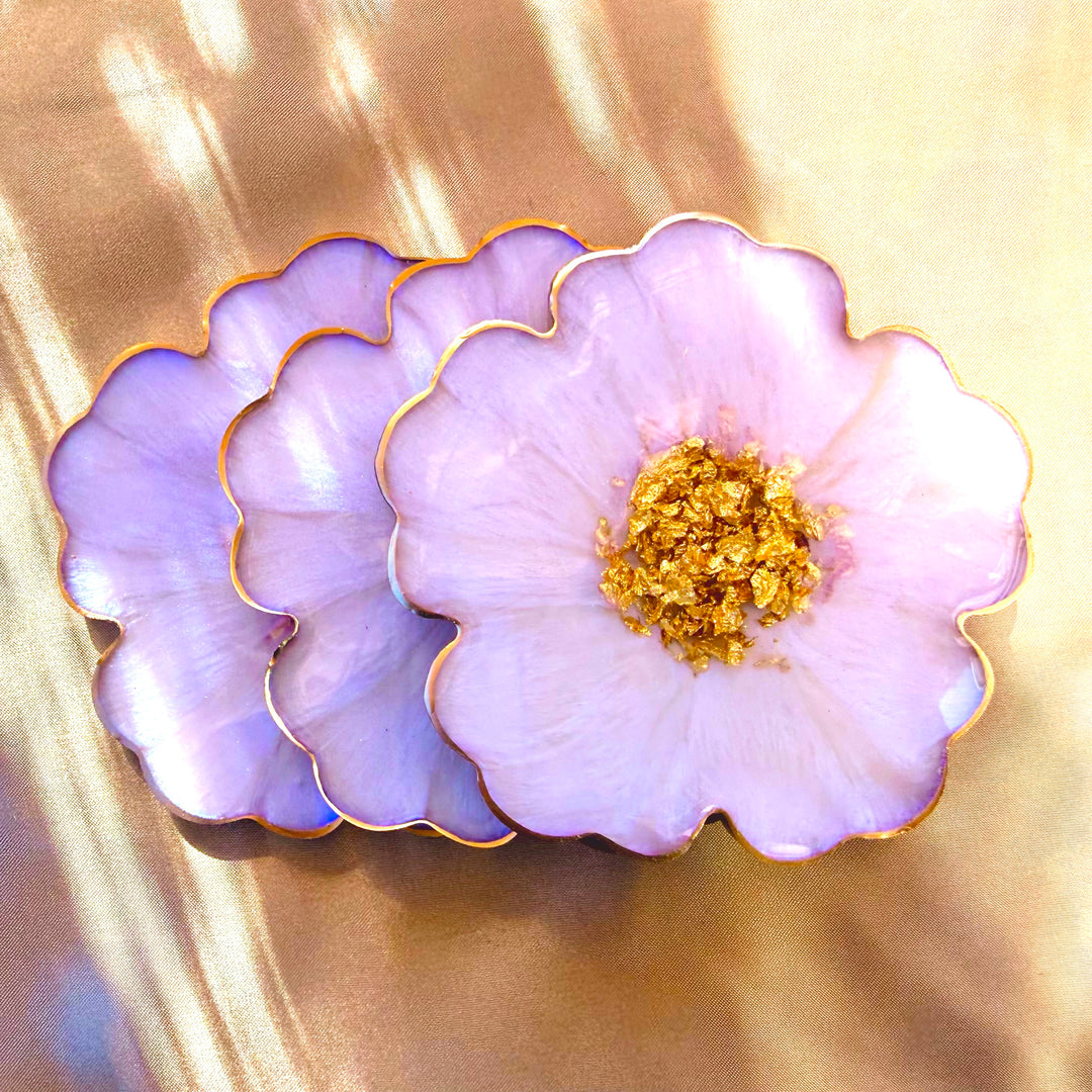 Iridescent Rainbow Moonstone Cabochon Inspired Purple Lavender Opal and Gold Flower Shaped Coasters