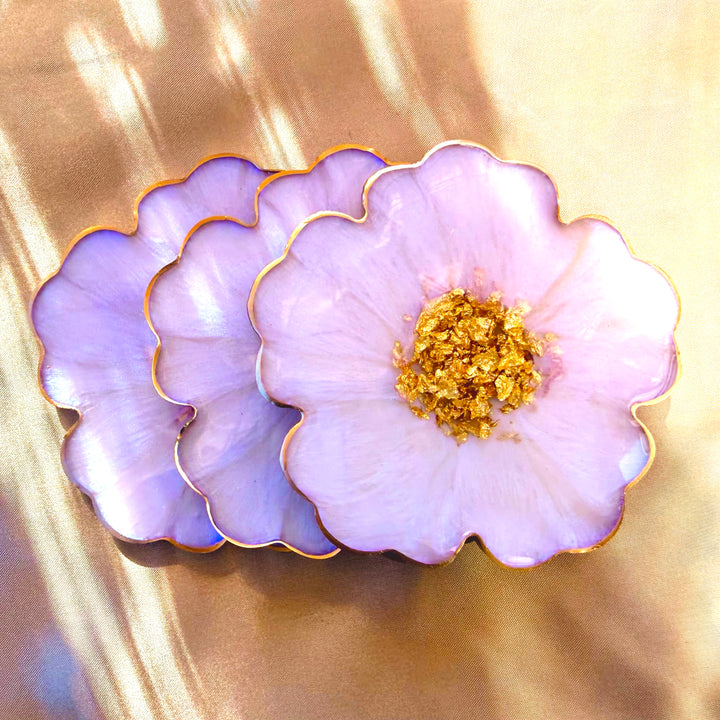 Iridescent Rainbow Moonstone Cabochon Inspired Purple Lavender Opal and Gold Flower Shaped Coasters