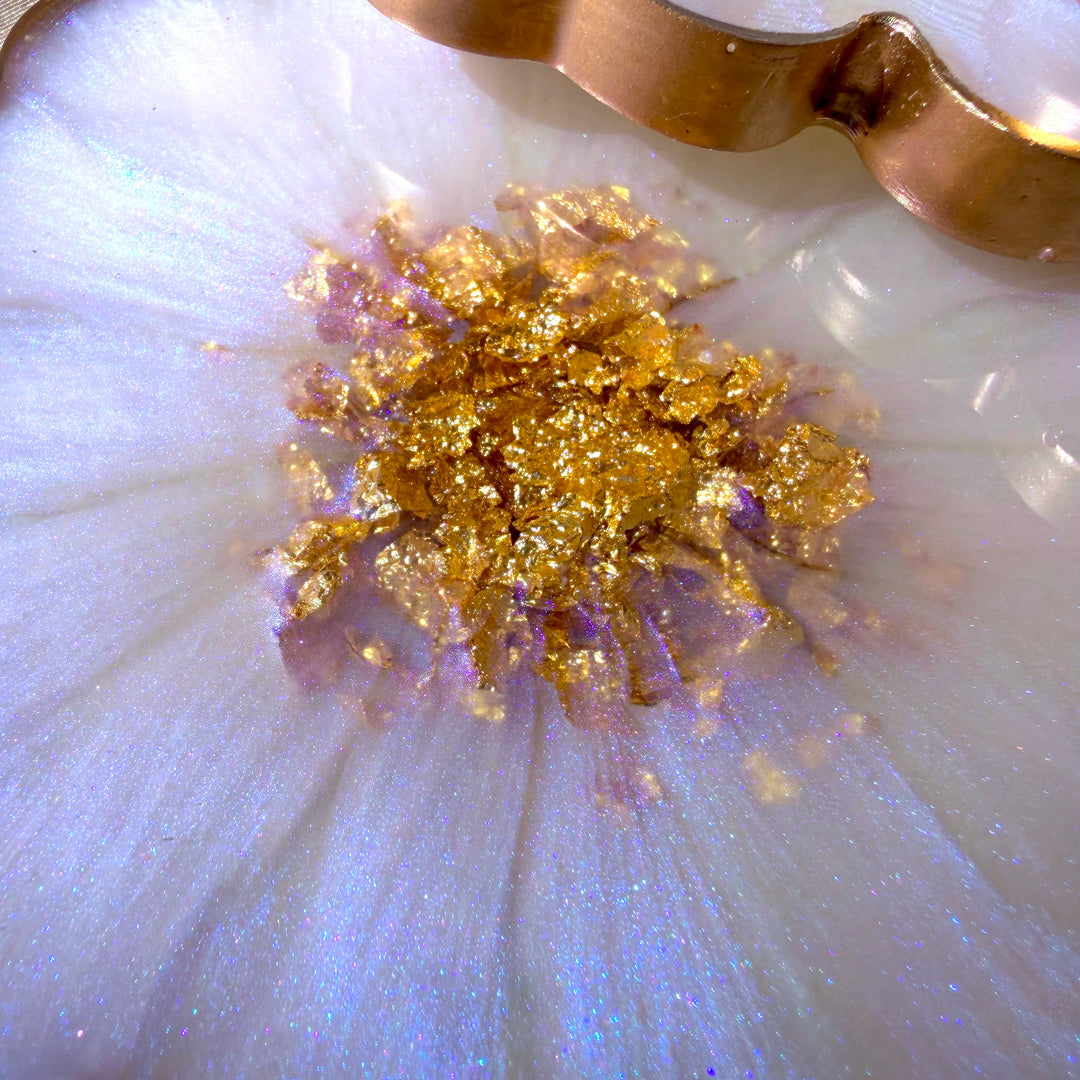 Iridescent Rainbow Moonstone Cabochon Inspired Purple Lavender Opal and Gold Flower Shaped Coasters