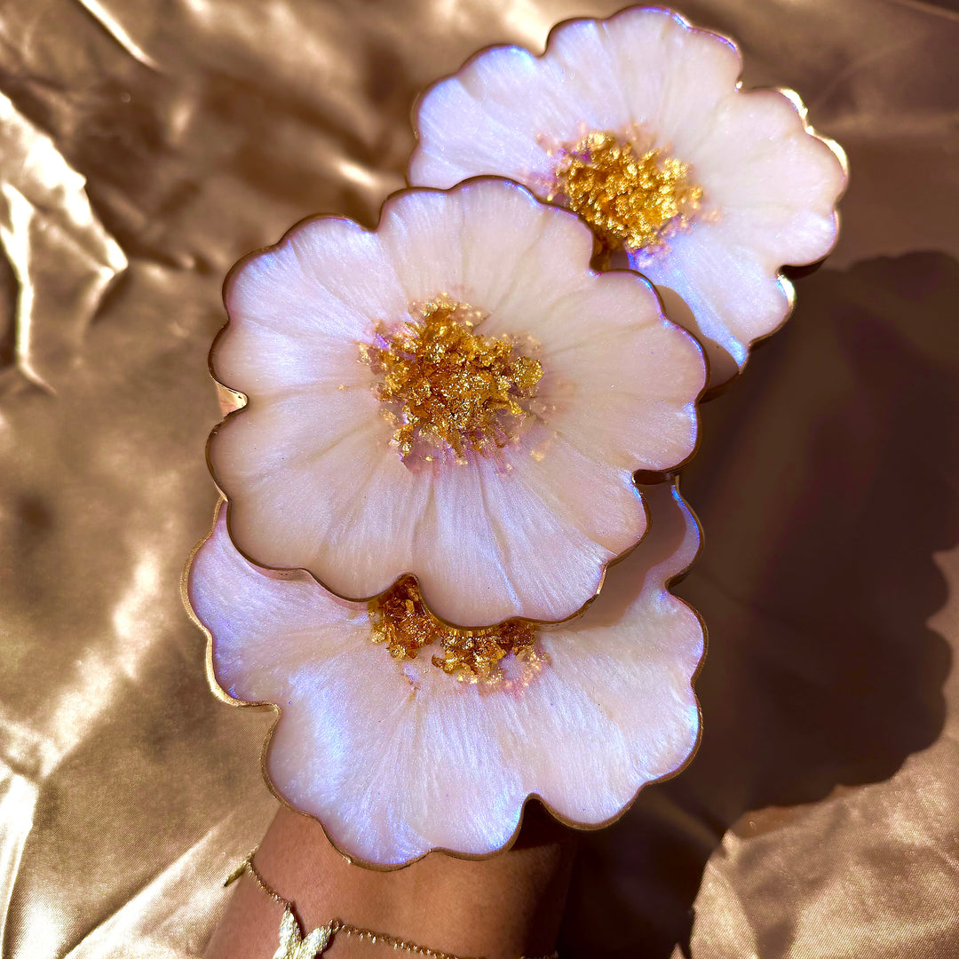 Iridescent Rainbow Moonstone Cabochon Inspired Purple Lavender Opal and Gold Flower Shaped Coasters