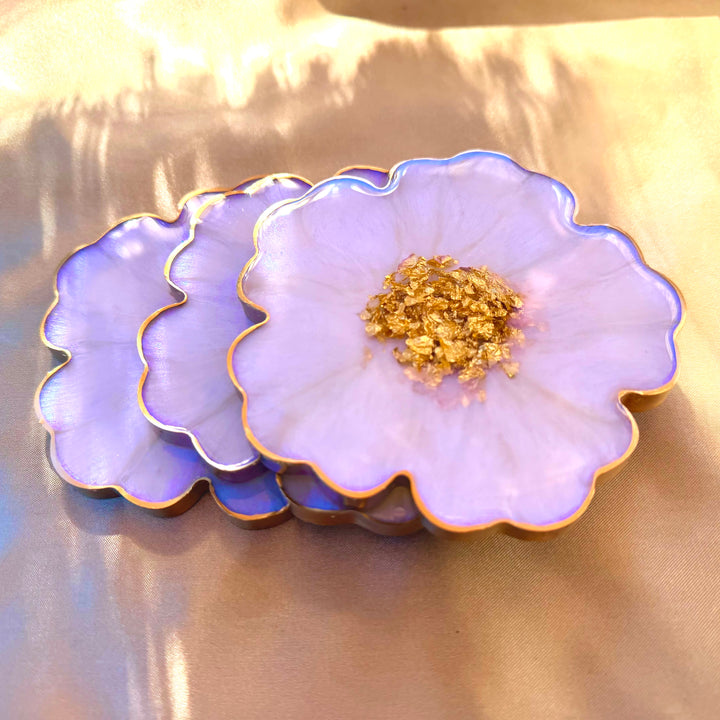 Iridescent Rainbow Moonstone Cabochon Inspired Purple Lavender Opal and Gold Flower Shaped Coasters
