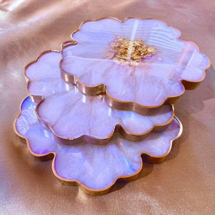 Iridescent Rainbow Moonstone Cabochon Inspired Purple Lavender Opal and Gold Flower Shaped Coasters