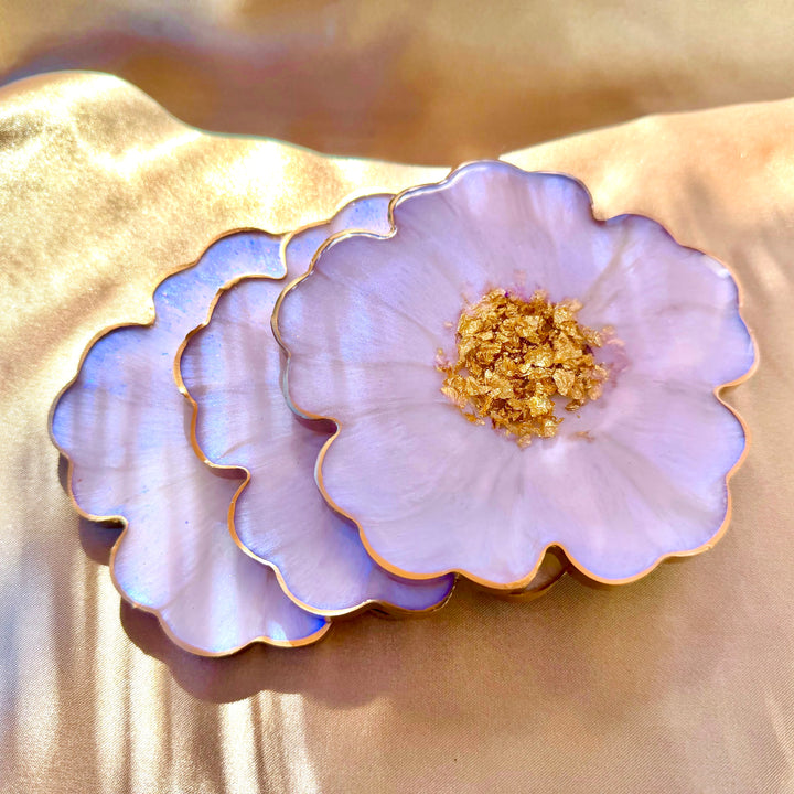 Iridescent Rainbow Moonstone Cabochon Inspired Purple Lavender Opal and Gold Flower Shaped Coasters