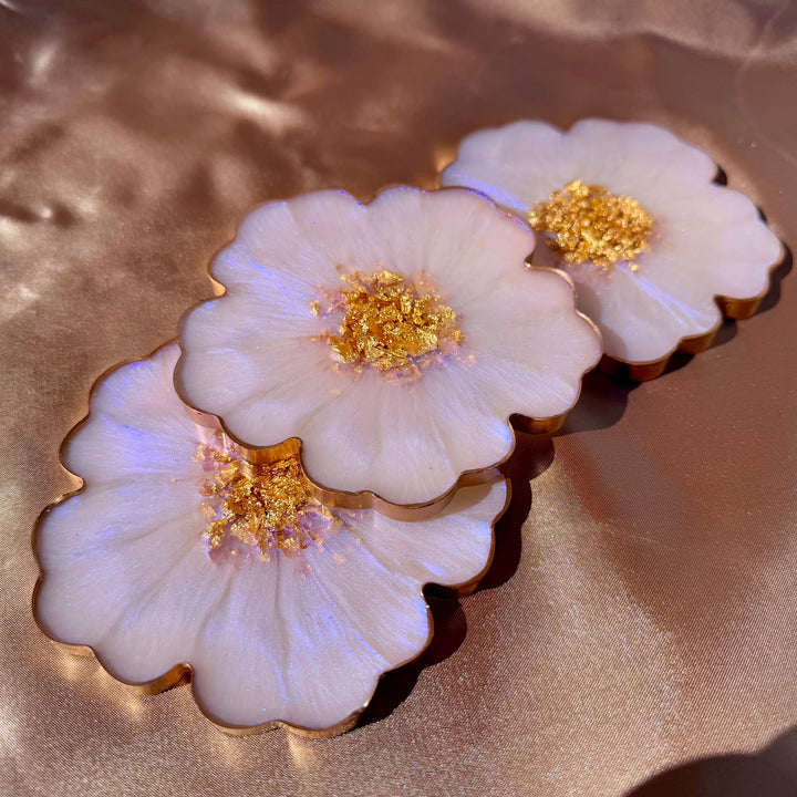 Iridescent Rainbow Moonstone Cabochon Inspired Purple Lavender Opal and Gold Flower Shaped Coasters