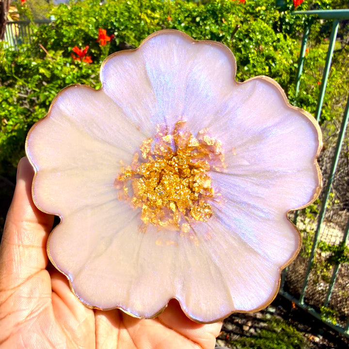 Iridescent Rainbow Moonstone Cabochon Inspired Purple Lavender Opal and Gold Flower Shaped Coasters