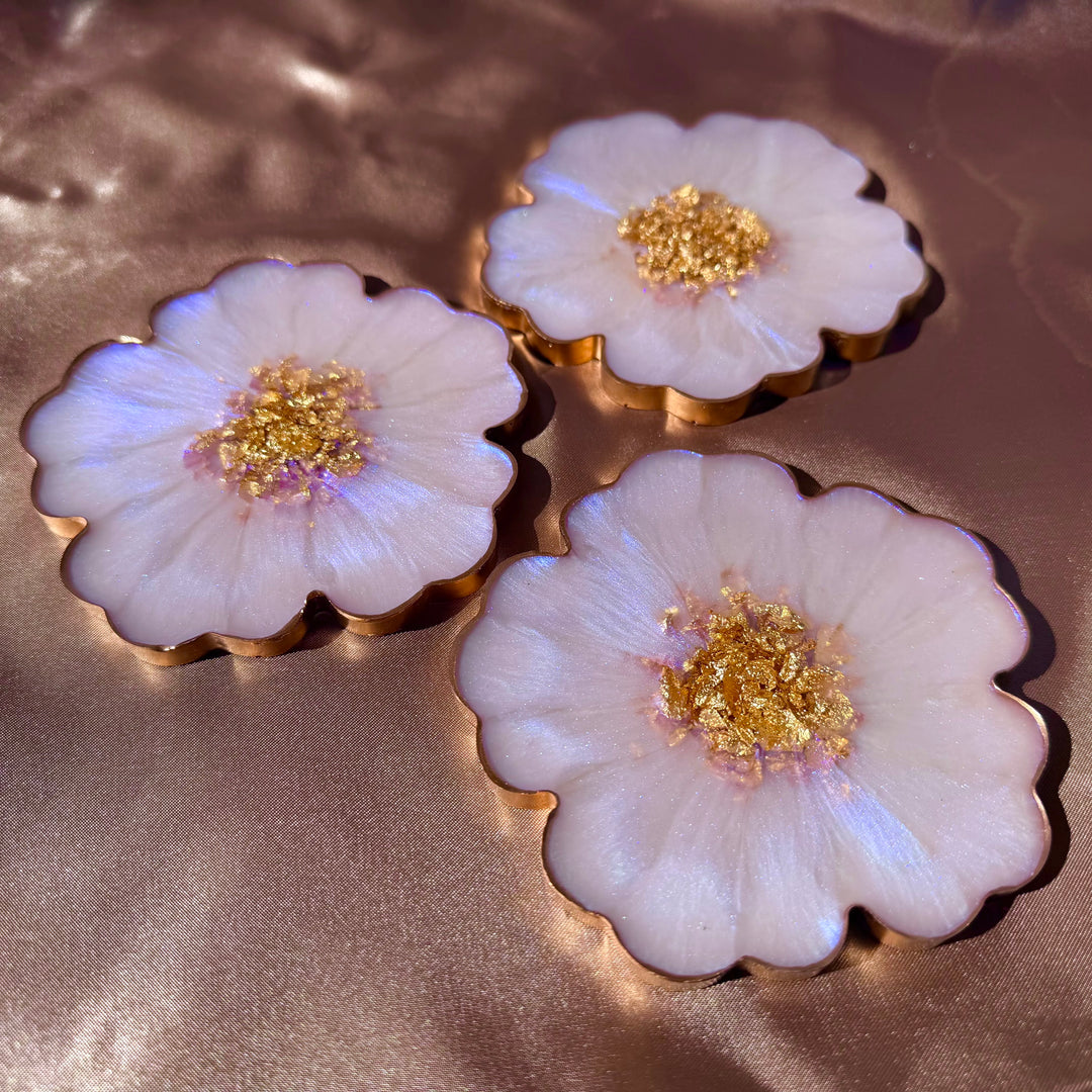 Iridescent Rainbow Moonstone Cabochon Inspired Purple Lavender Opal and Gold Flower Shaped Coasters