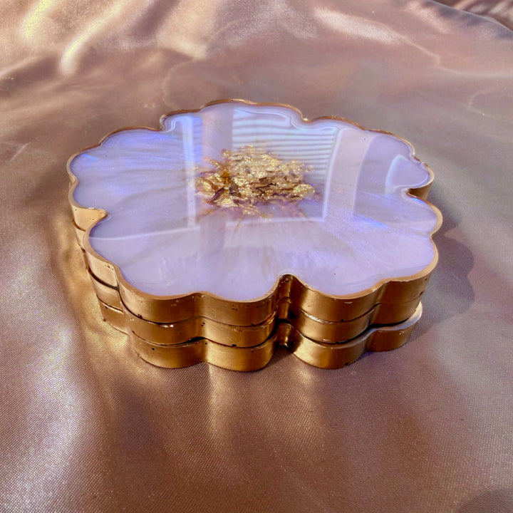 Iridescent Rainbow Moonstone Cabochon Inspired Purple Lavender Opal and Gold Flower Shaped Coasters