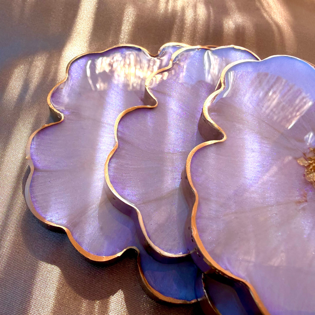 Iridescent Rainbow Moonstone Cabochon Inspired Purple Lavender Opal and Gold Flower Shaped Coasters