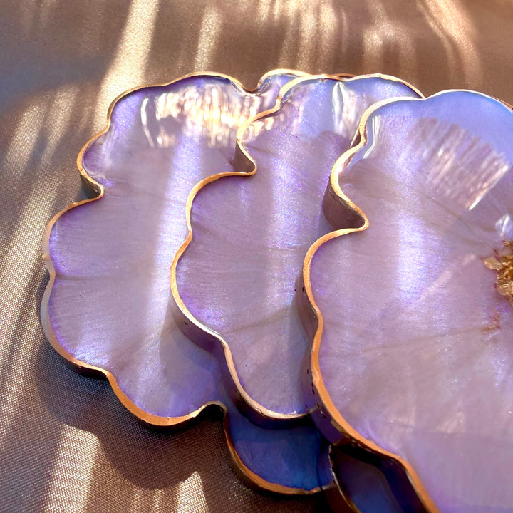 Iridescent Rainbow Moonstone Cabochon Inspired Purple Lavender Opal and Gold Flower Shaped Coasters