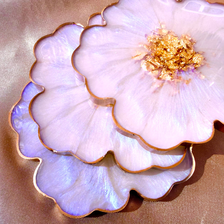 Iridescent Rainbow Moonstone Cabochon Inspired Purple Lavender Opal and Gold Flower Shaped Coasters