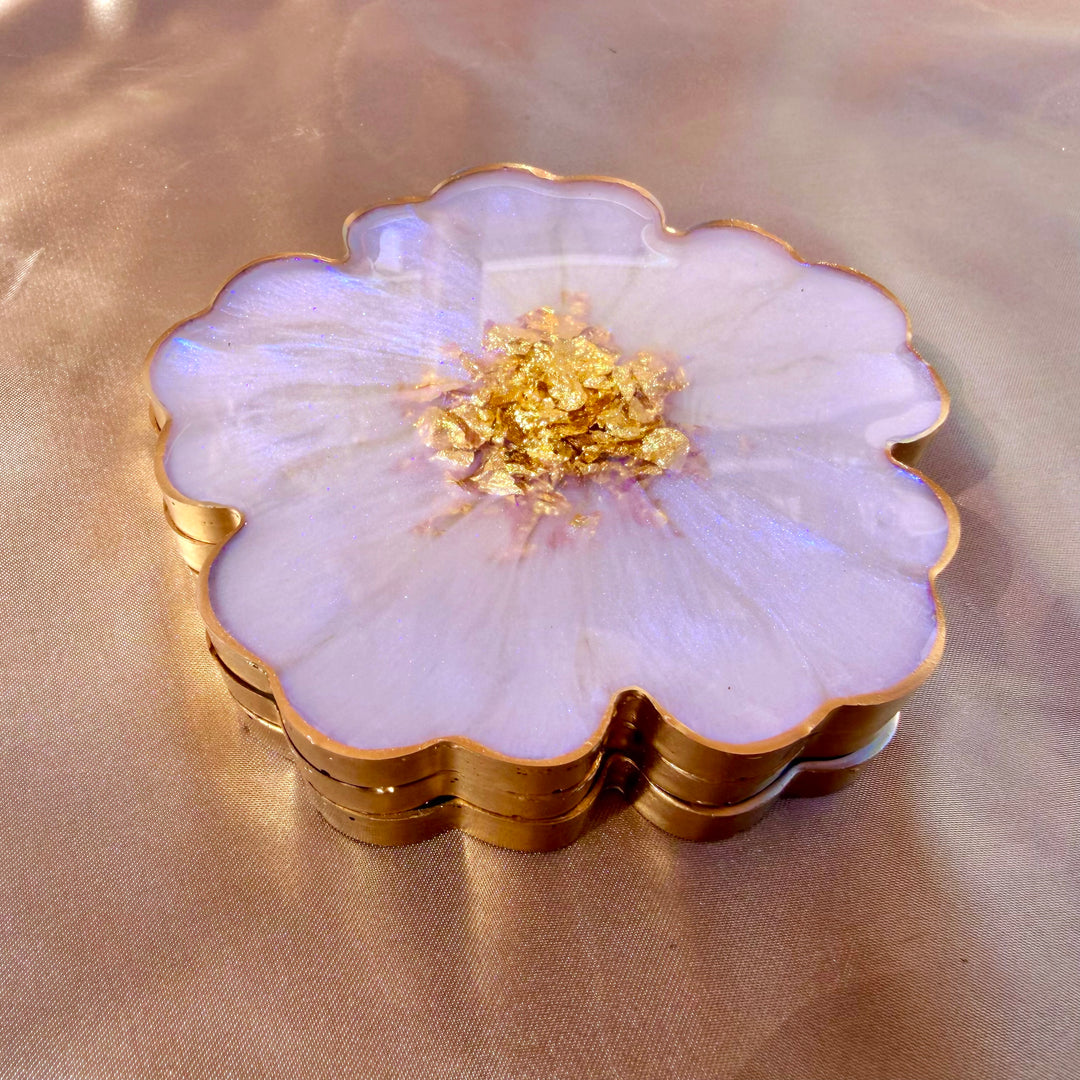 Iridescent Rainbow Moonstone Cabochon Inspired Purple Lavender Opal and Gold Flower Shaped Coasters