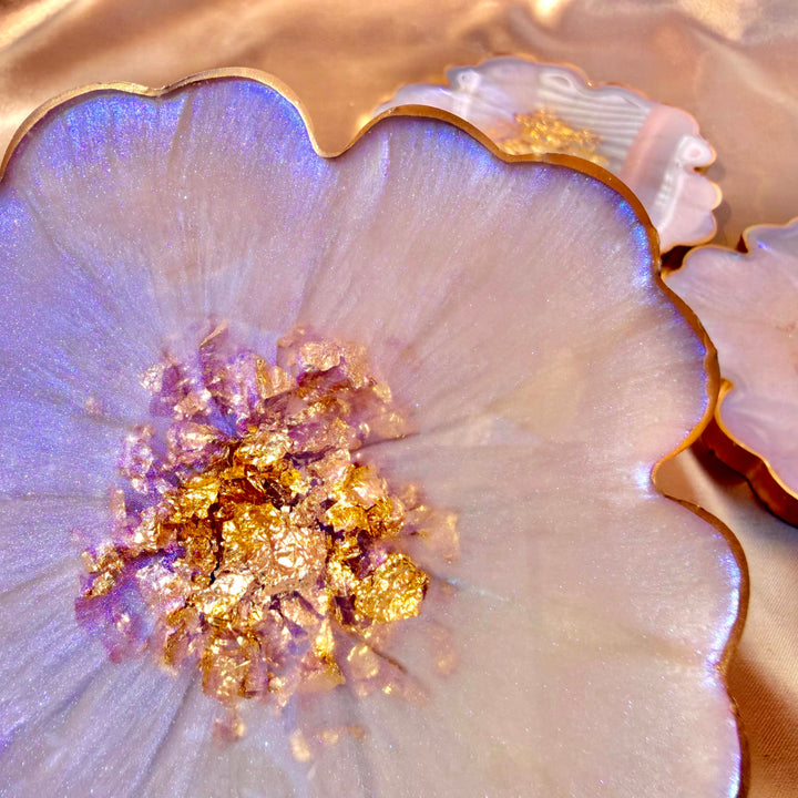 Iridescent Rainbow Moonstone Cabochon Inspired Purple Lavender Opal and Gold Flower Shaped Coasters
