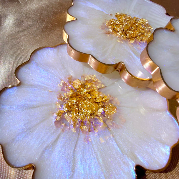 Iridescent Rainbow Moonstone Cabochon Inspired Purple Lavender Opal and Gold Flower Shaped Coasters