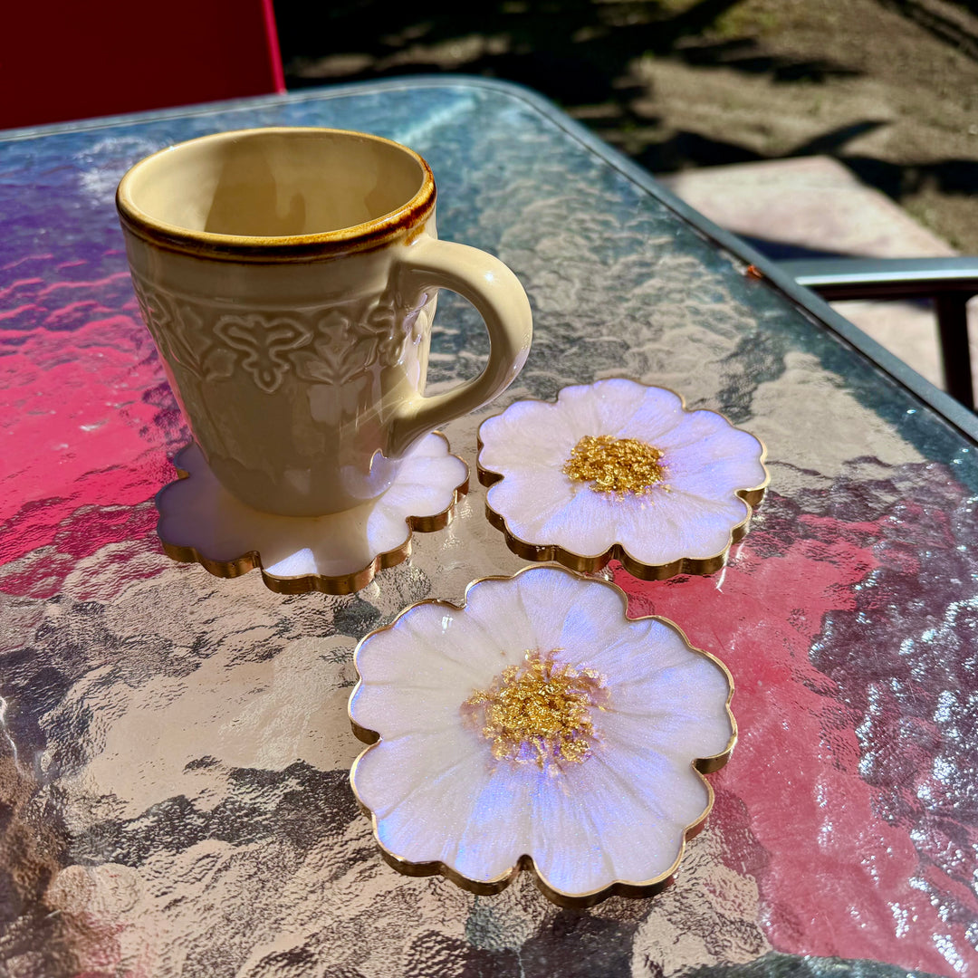 Iridescent Rainbow Moonstone Cabochon Inspired Purple Lavender Opal and Gold Flower Shaped Coasters