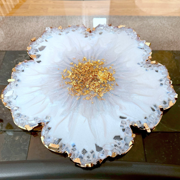 Iridescent White Opal Crushed Glass Flower Tray