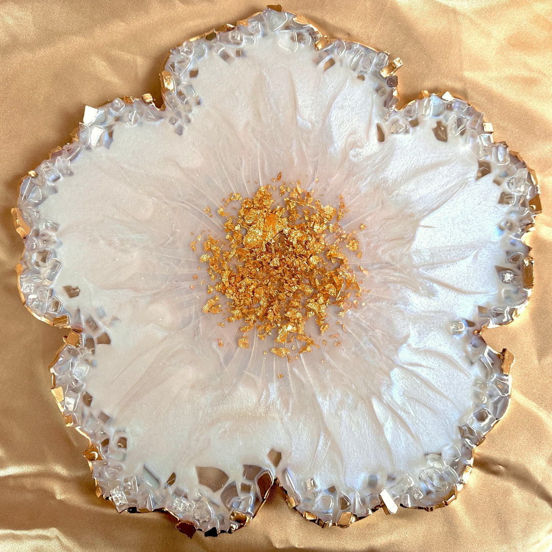Iridescent White Opal Crushed Glass Flower Tray