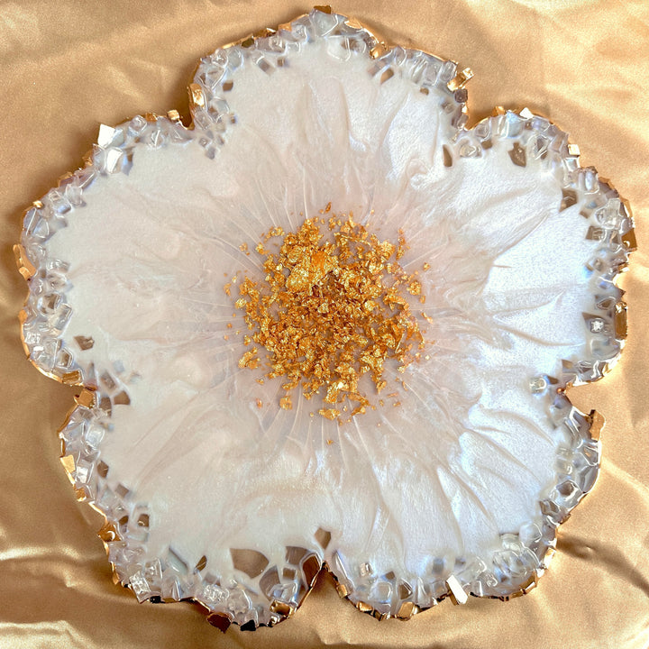 Iridescent White Opal Crushed Glass Flower Tray