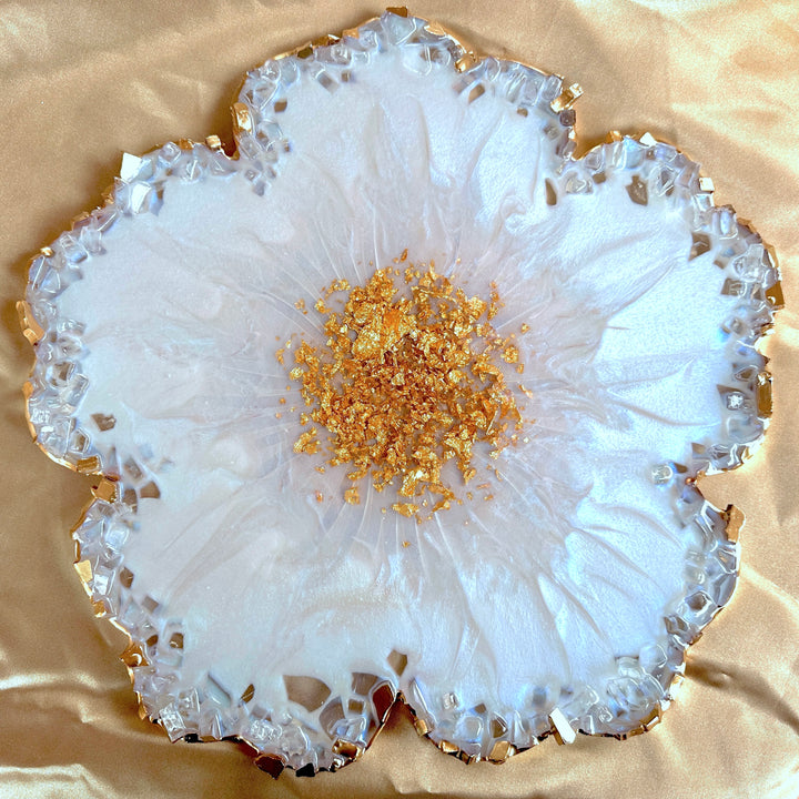 Iridescent White Opal Crushed Glass Flower Tray