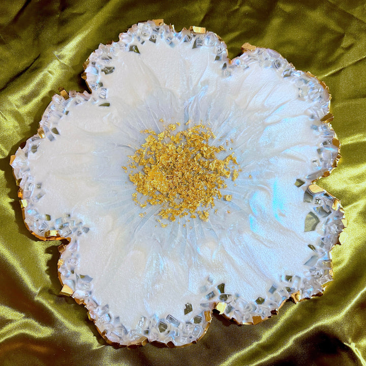 Iridescent White Opal Crushed Glass Flower Tray
