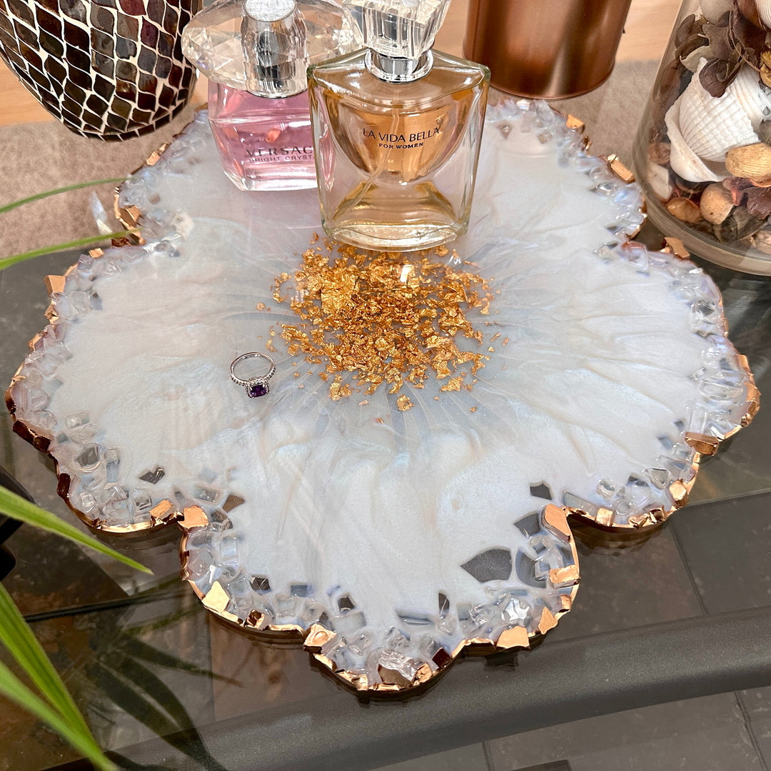 Iridescent White Opal Crushed Glass Flower Tray