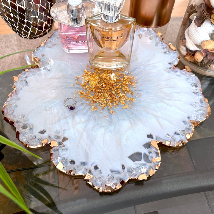 Iridescent White Opal Crushed Glass Flower Tray
