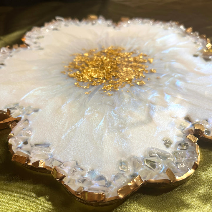 Iridescent White Opal Crushed Glass Flower Tray