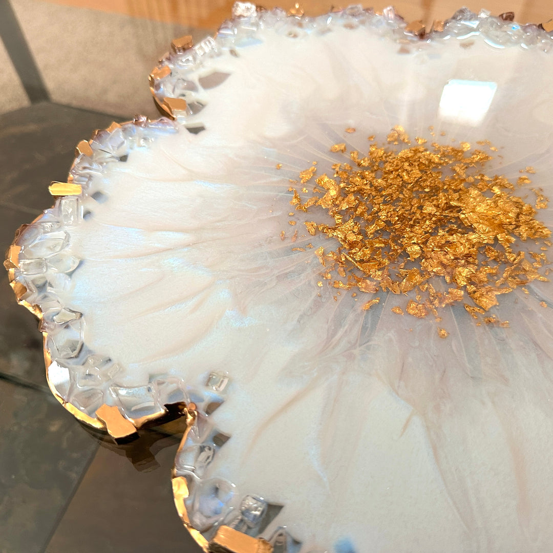 Iridescent White Opal Crushed Glass Flower Tray