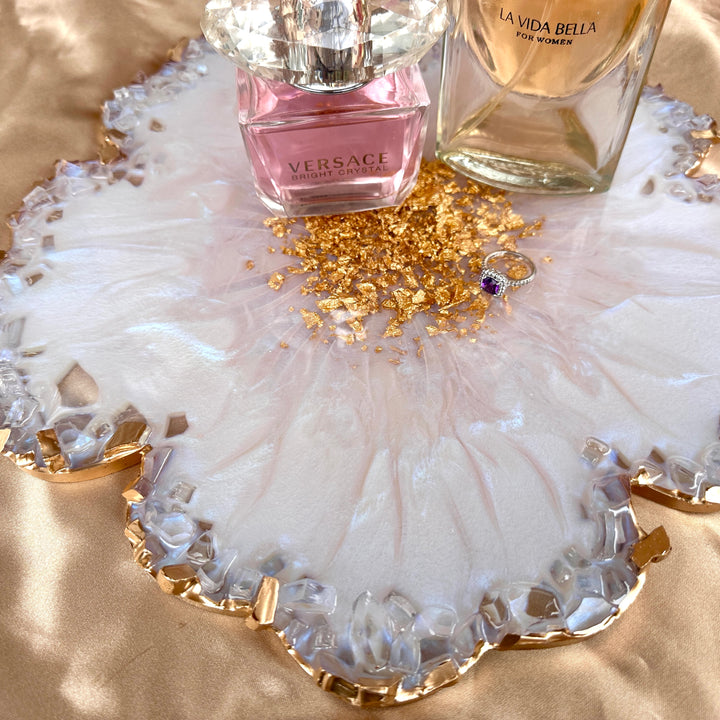 Iridescent White Opal Crushed Glass Flower Tray