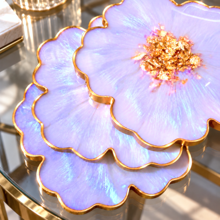 Iridescent Rainbow Moonstone Cabochon Inspired Purple Lavender Opal and Gold Flower Shaped Coasters