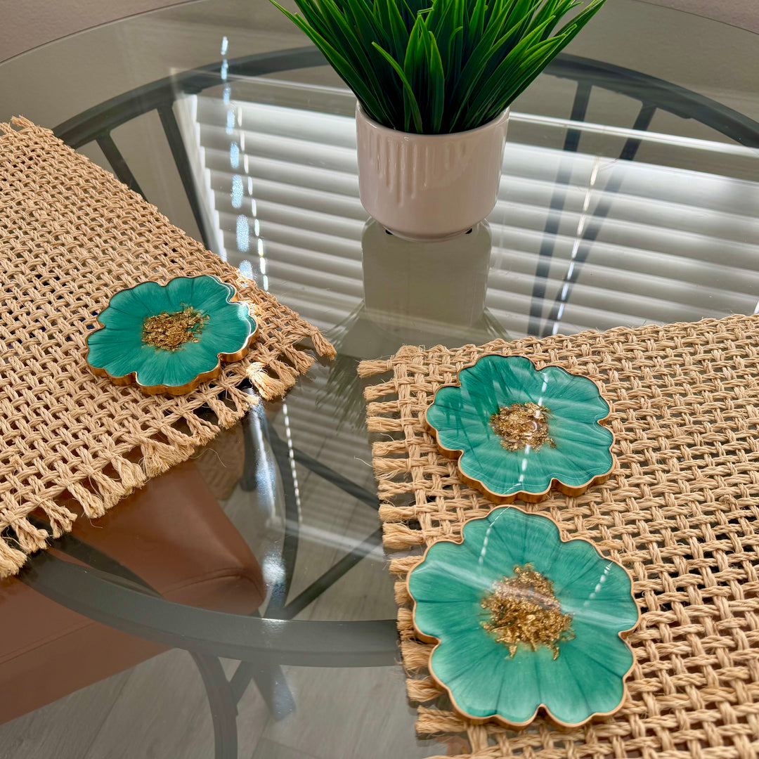 Mermaid Aquamarine Green and Gold Flower Shaped Coasters