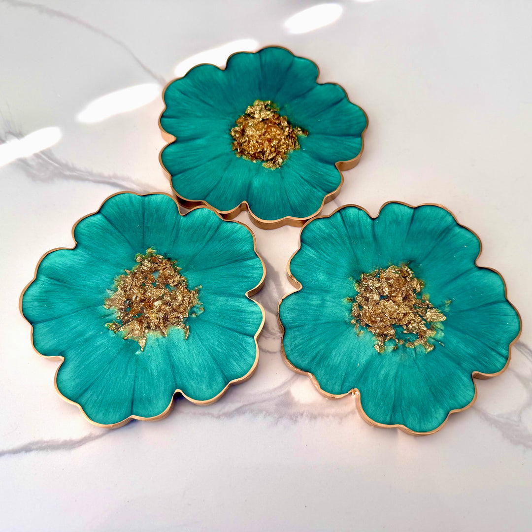 Mermaid Aquamarine Green and Gold Flower Shaped Coasters