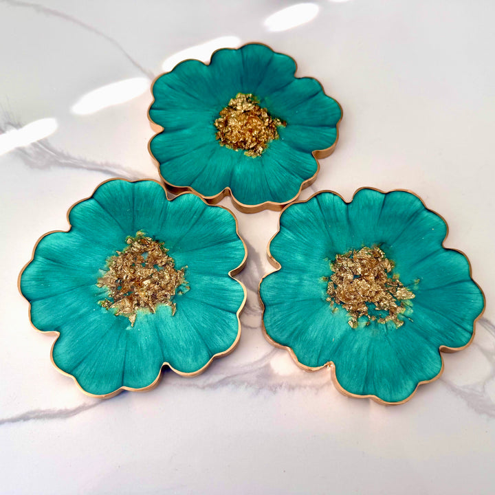 Mermaid Aquamarine Green and Gold Flower Shaped Coasters