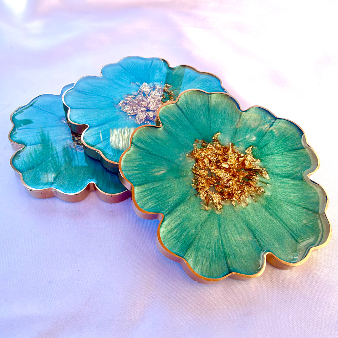 Mermaid Aquamarine Green and Gold Flower Shaped Coasters
