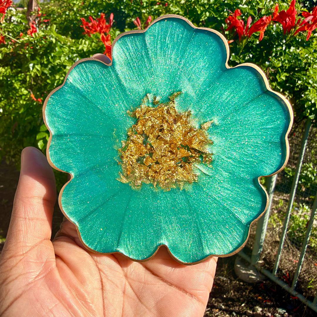 Mermaid Aquamarine Green and Gold Flower Shaped Coasters