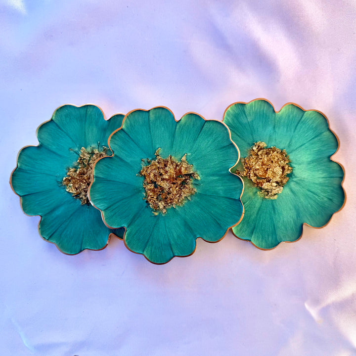 Mermaid Aquamarine Green and Gold Flower Shaped Coasters