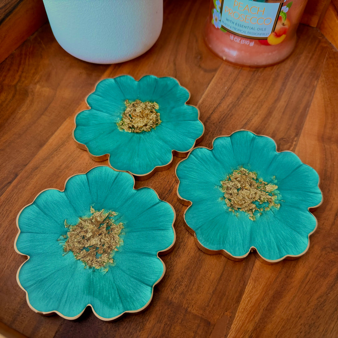 Mermaid Aquamarine Green and Gold Flower Shaped Coasters