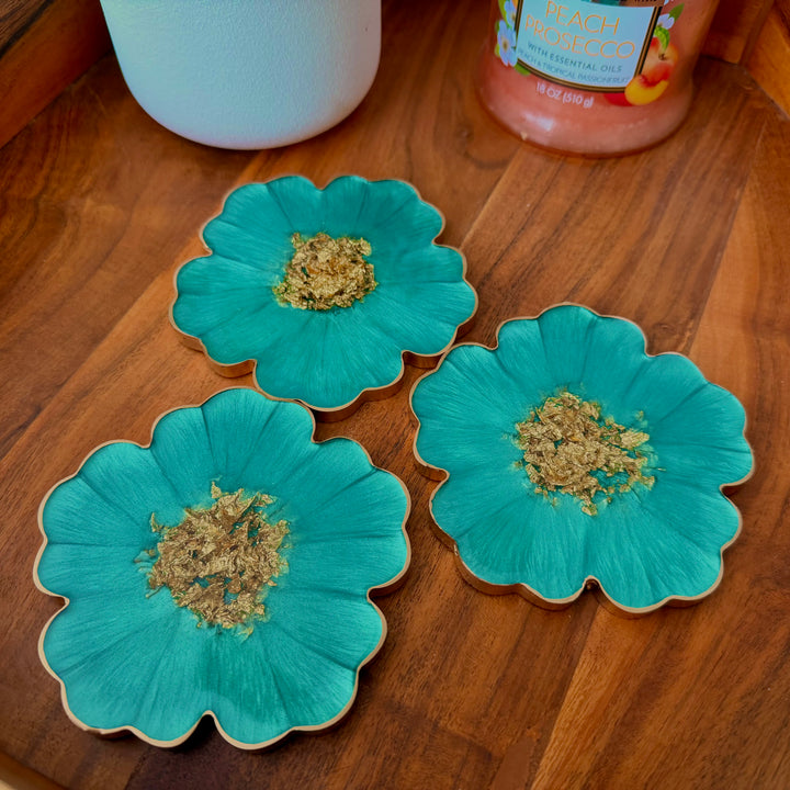 Mermaid Aquamarine Green and Gold Flower Shaped Coasters