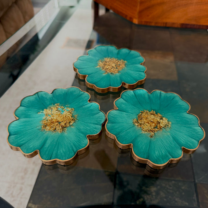 Mermaid Aquamarine Green and Gold Flower Shaped Coasters