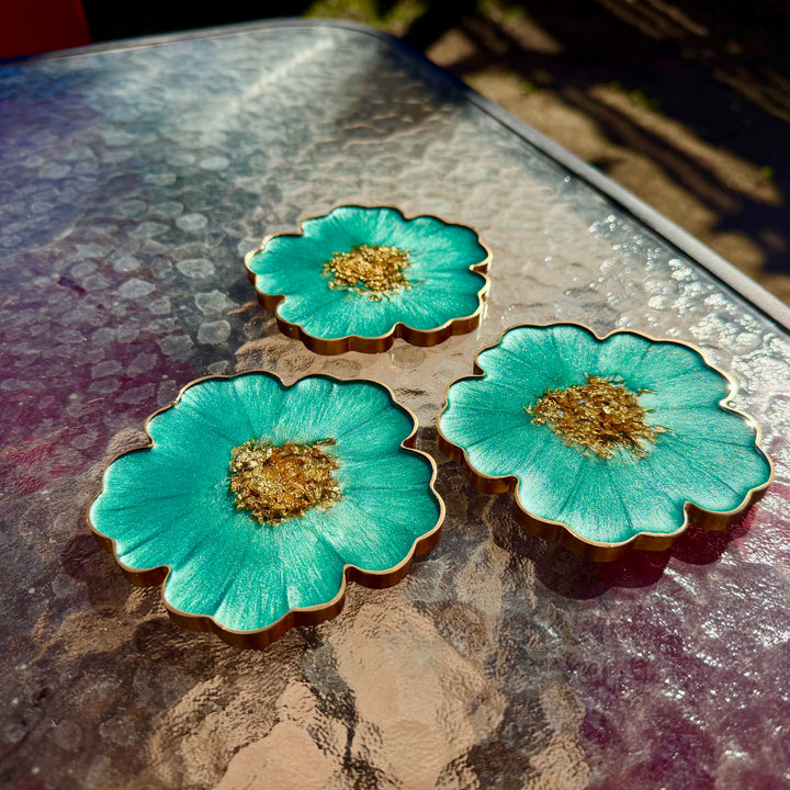Mermaid Aquamarine Green and Gold Flower Shaped Coasters