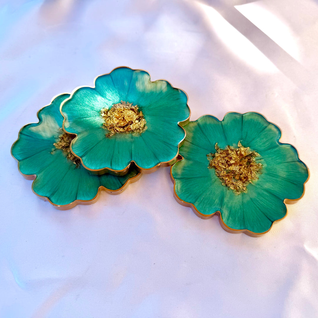 Mermaid Aquamarine Green and Gold Flower Shaped Coasters
