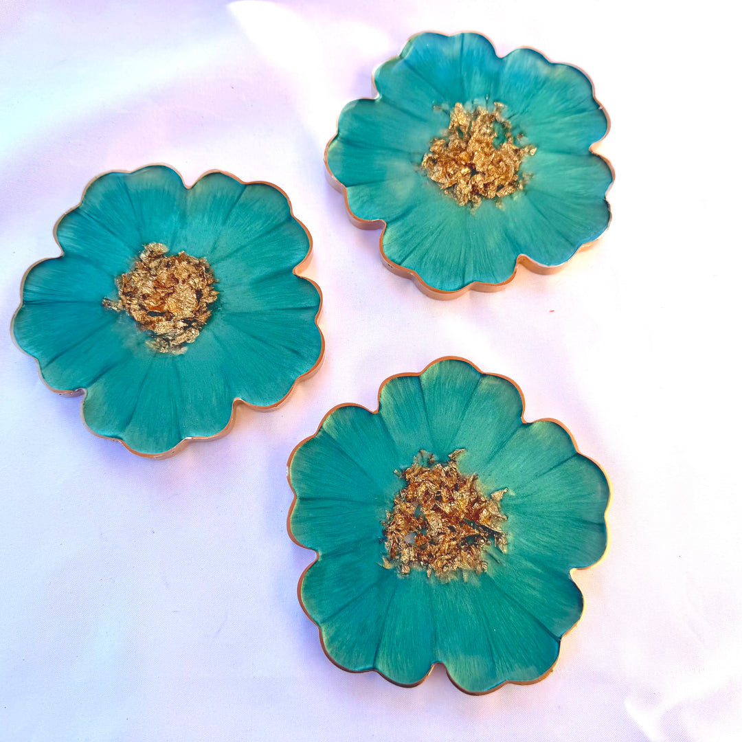 Mermaid Aquamarine Green and Gold Flower Shaped Coasters