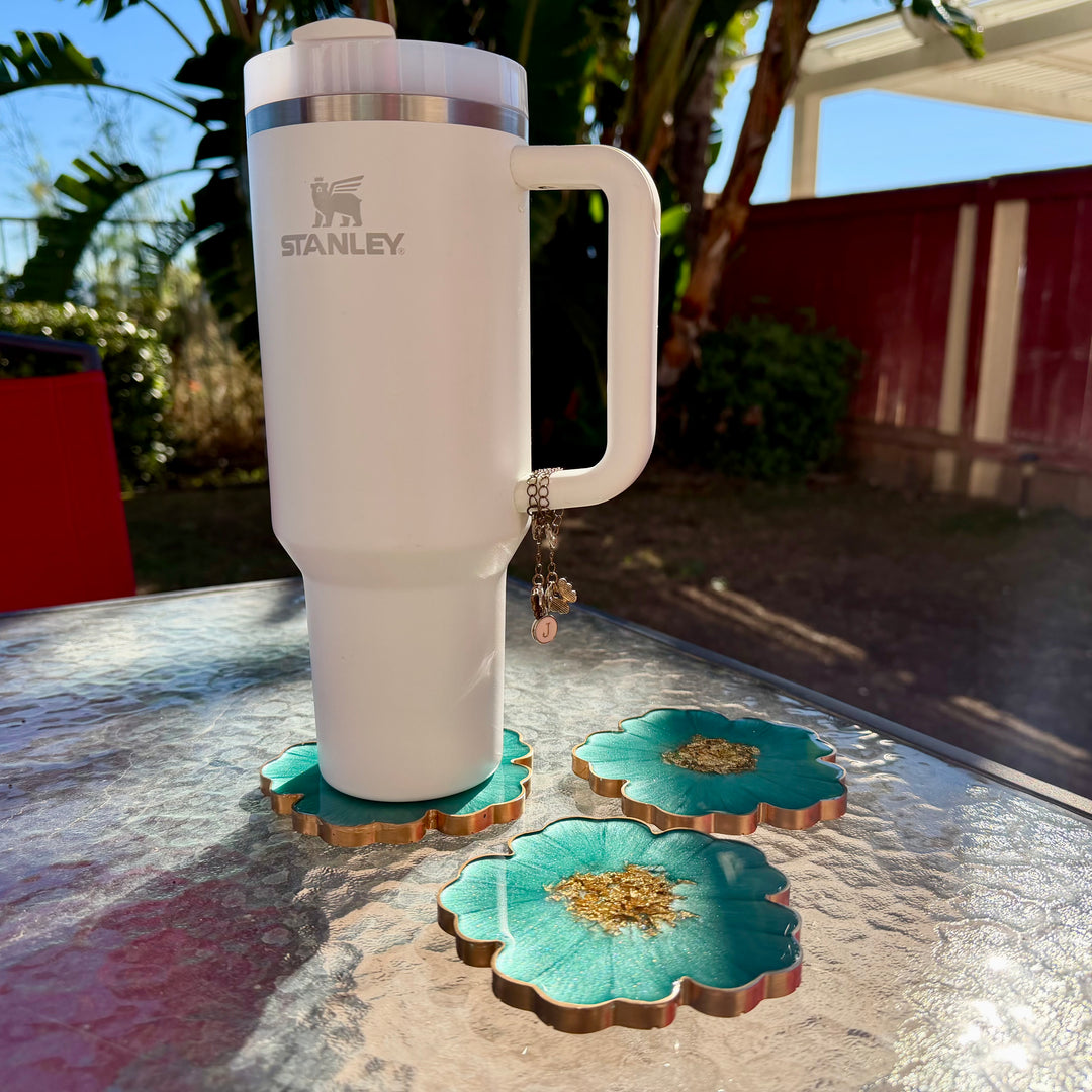 Mermaid Aquamarine Green and Gold Flower Shaped Coasters
