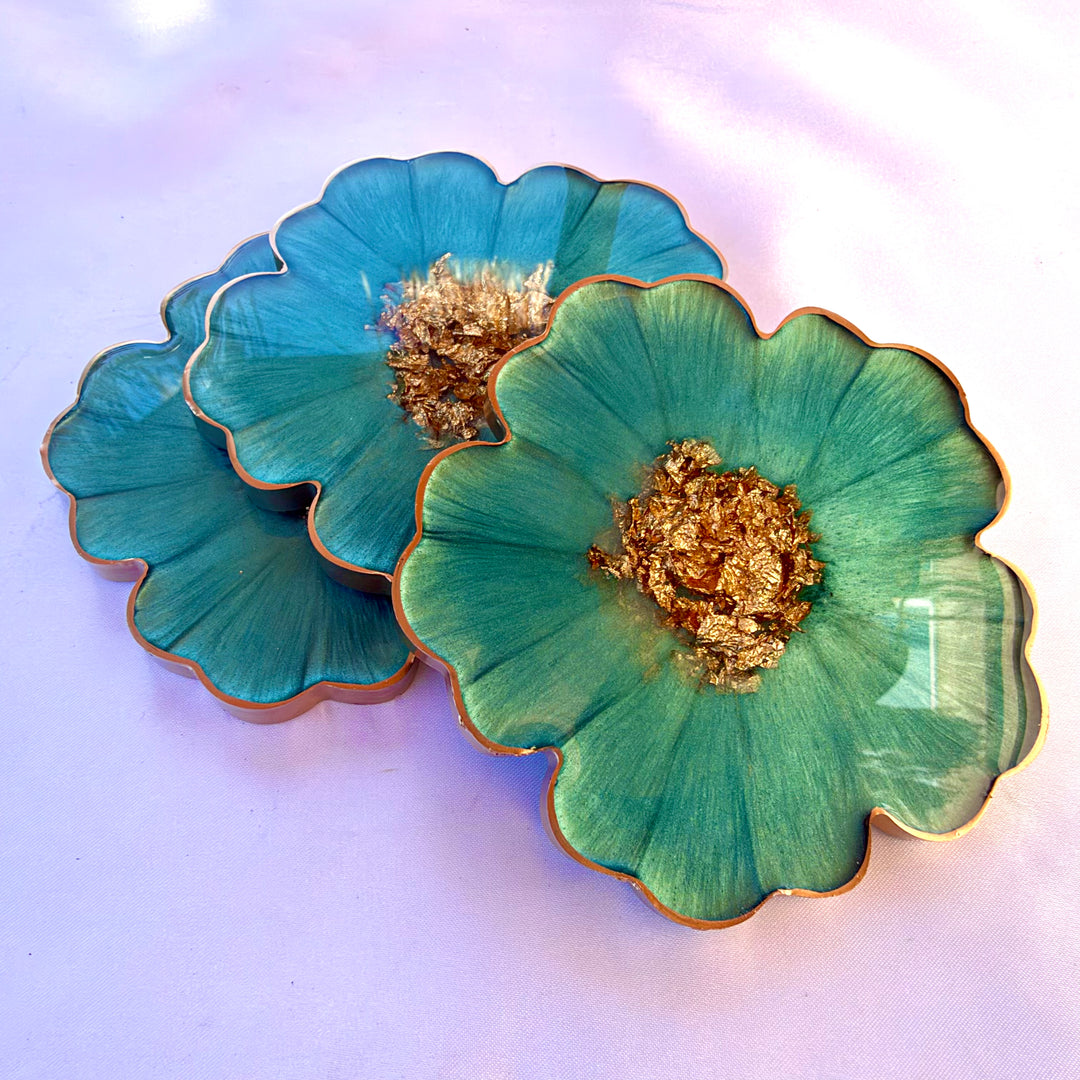 Mermaid Aquamarine Green and Gold Flower Shaped Coasters